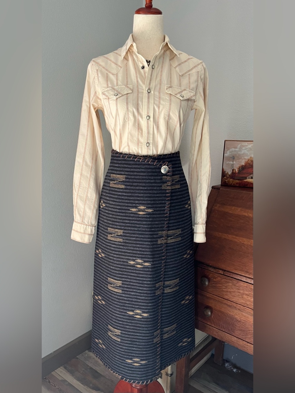 Vtg LRL Southwest Western Worsted Wool blue wrap skirt Turquoise Silver button